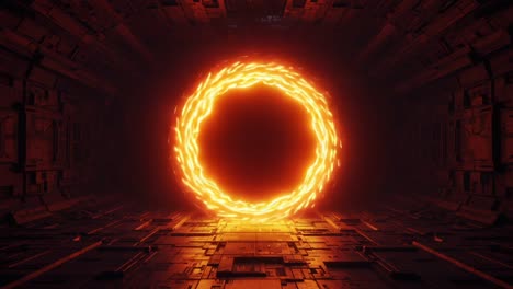 an enigmatic energy portal: exploring the mystical orange ring through a sci-fi tunnel environment with vibrant flames and dark surroundings