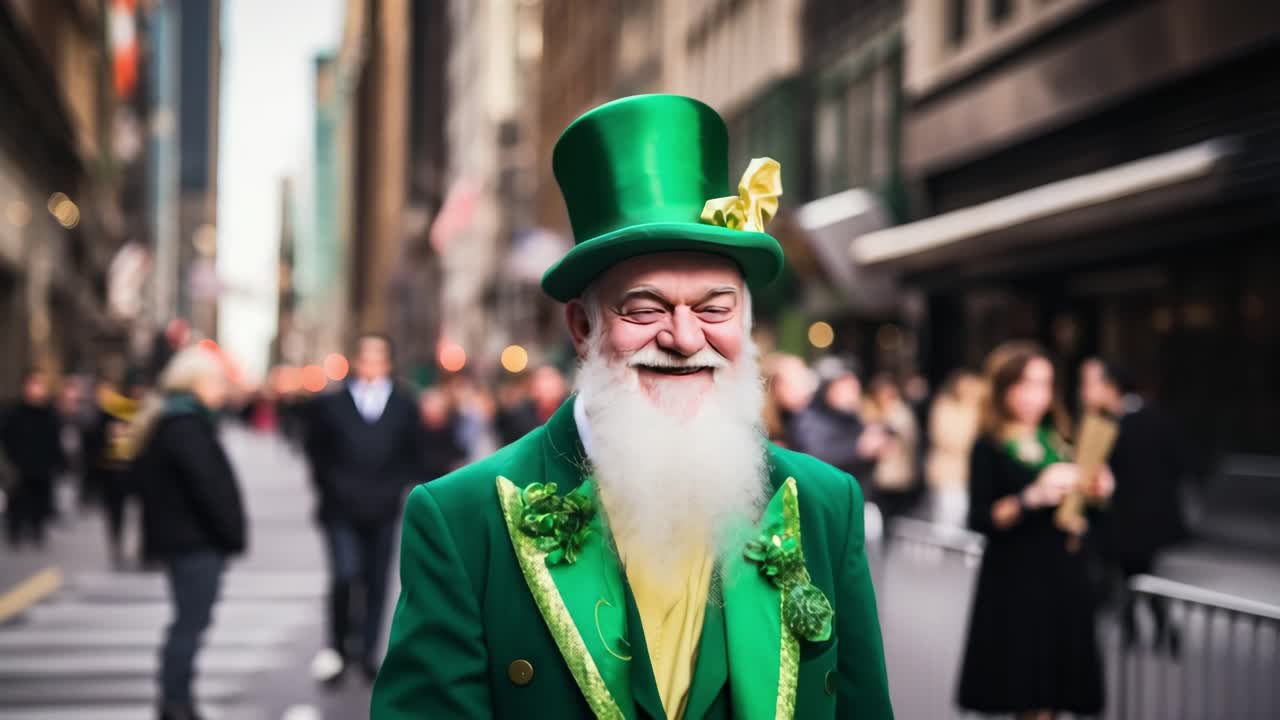 Senior man wearing a green top hat and suit, joyfully making a victory sign while celebrating Saint Patrick's Day in the vibrant streets of New York City