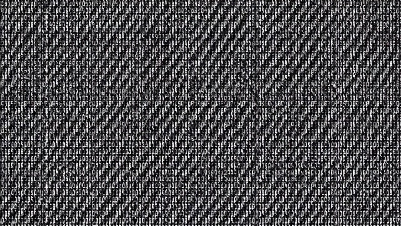 Closeup of dense monochrome pattern made from tiny white rectangular glyphs on black background, with tiled alignment shift, diagonal banding, visible seam line, and strong repeating geometric texture