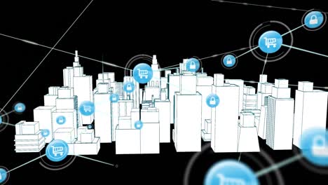 Animation-of-network-of-connections-with-icons-over-3d-city-drawing