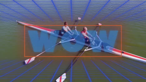 rowers gliding across water, presenting sports analytics with orange frame blue gridlines and wow