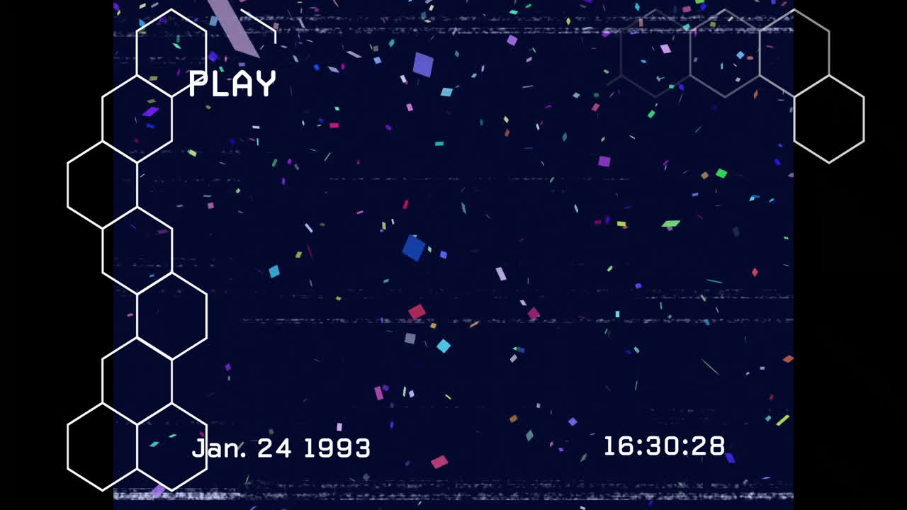 Animation of digital snowflakes and hexagonal patterns over retro video timestamp