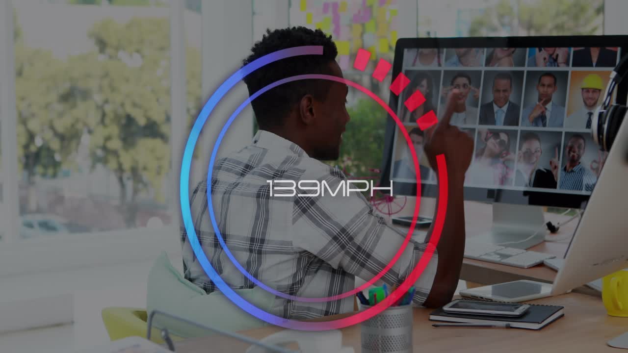 Animation of numbers with mph text in circles over african american man video conferencing