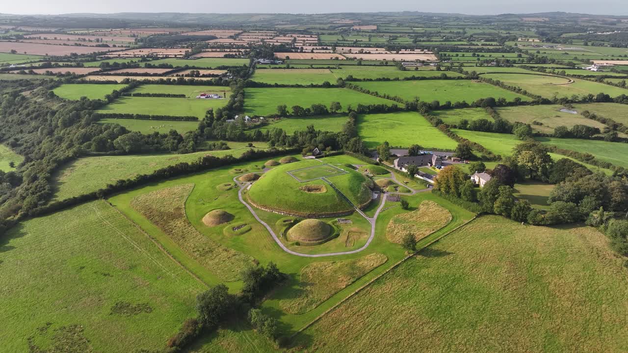 Knowth, Ireland. Aerial view of historical landmark and Irish rural green landscape