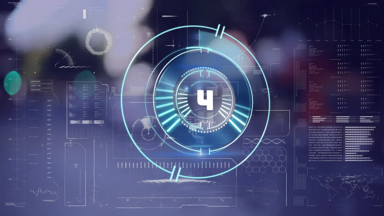 animación del temporizador de cuenta atrás sobre interfaz digital futurista con varias visualizaciones de datos