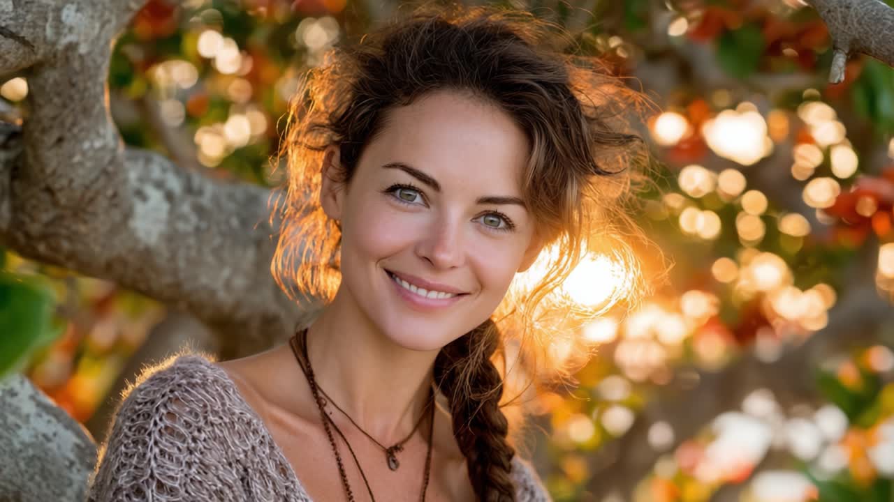Una donna radiosa con un sorriso accattivante posa con grazia su uno sfondo di natura vibrante, illuminata dal caldo bagliore del sole, mostrando bellezza e serenità.