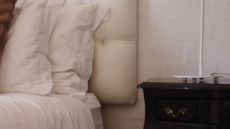 cozy bedroom scene with soft pillows and elegant bedside lamp on table