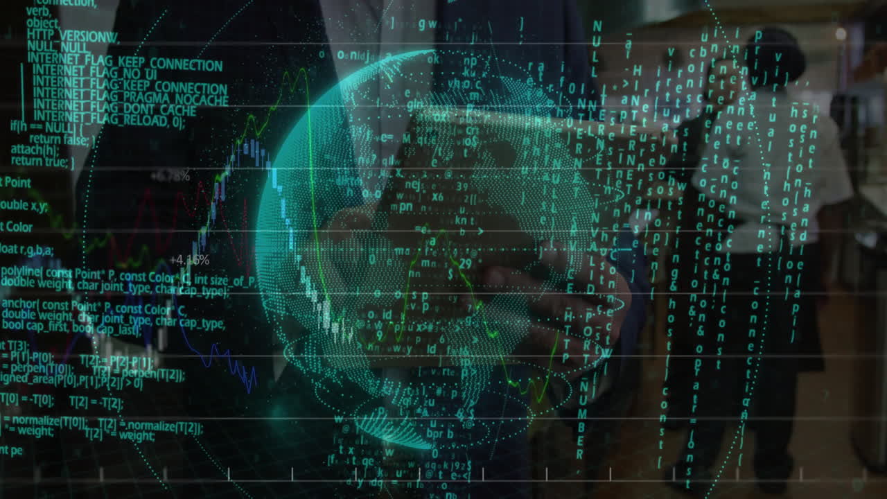 Developer holding smartphone in tech hallway, with green holographic data globe and floating code