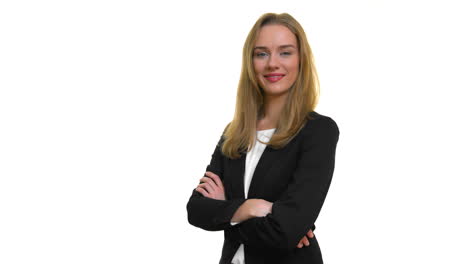 Portrait-of-a-smiling-and-confident-young-business-woman-isolated-on-white-background