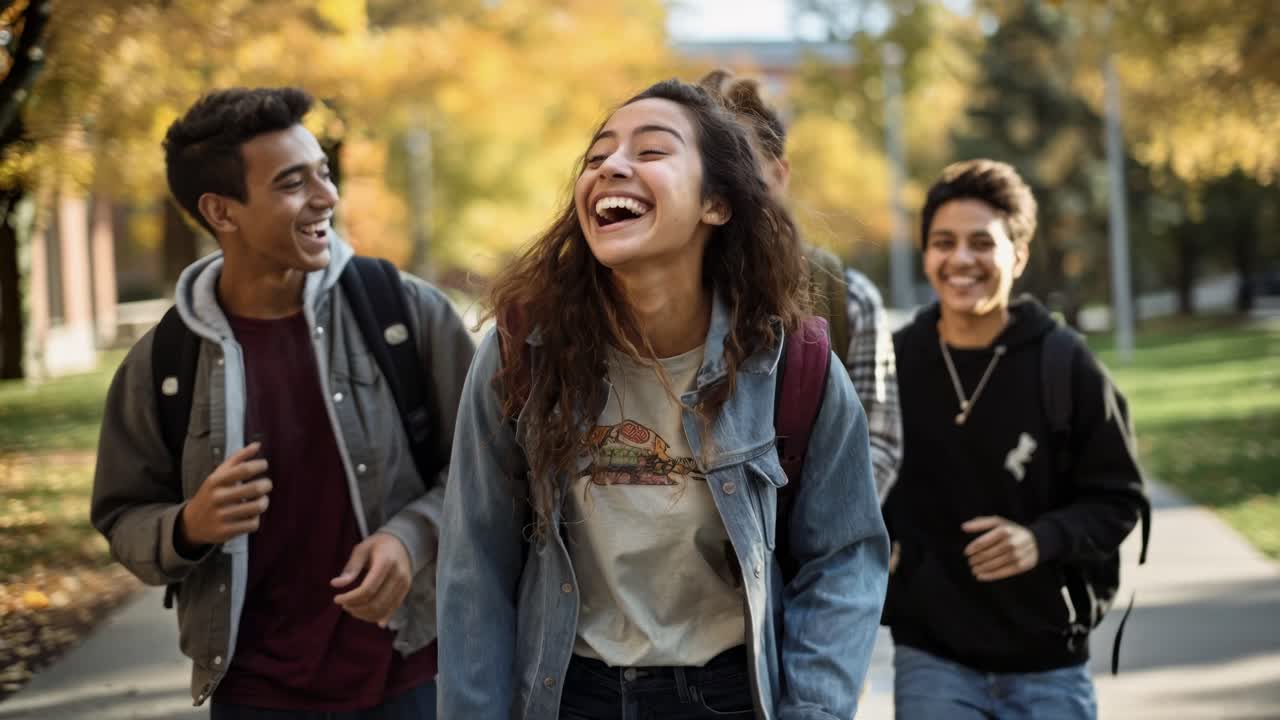 A group of friends walk through a park, laughing. The video captures them from a low angle