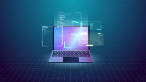 technology animation of laptop. software, coding, web development, programming concept. abstract programming language and program code on screen. internet page or web interface. looped 3d footage