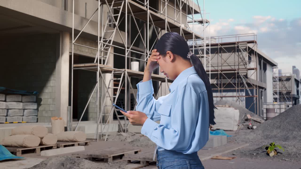 Side View Of Asian Female With Her Smartphone At Construction Site in Progress to New House, Checking With Dissapionted And Nodding Her Shead