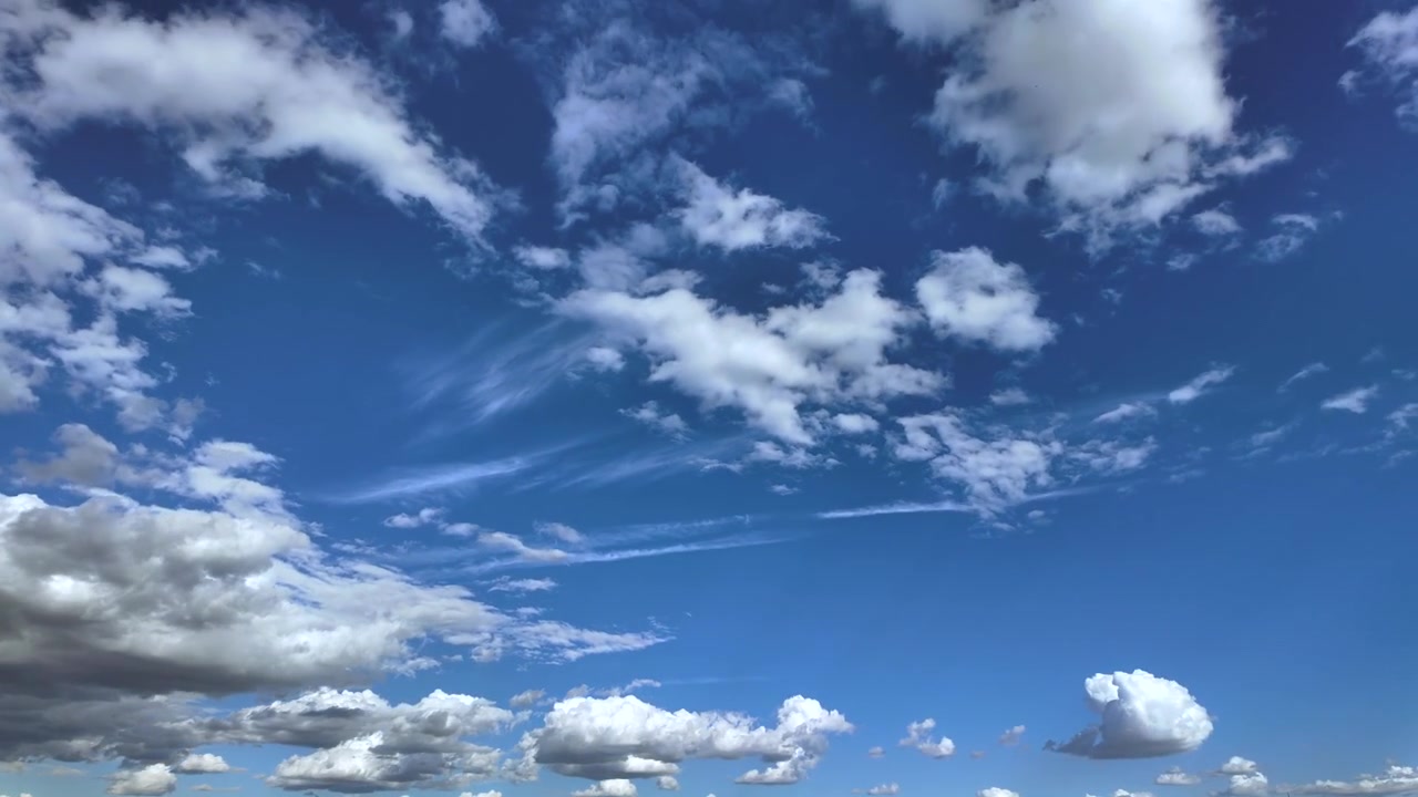 Timelapse, ripresa dal basso, di piccoli cumuli che evolvono in un cielo blu trasportati dal vento.