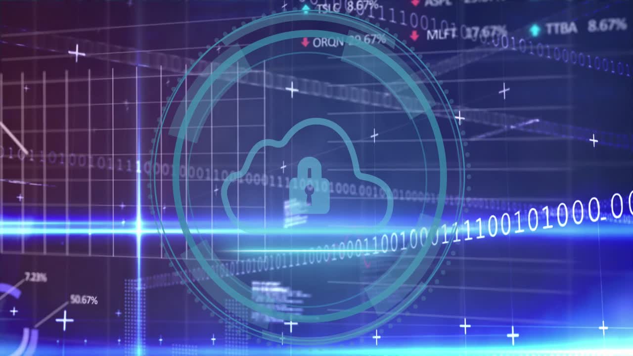 animación del lenguaje informático, códigos binarios, tablas de negociación, gráficos, candado en la nube