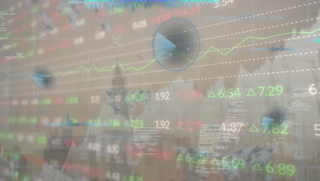 animación del procesamiento de datos del mercado de valores frente a una vista aérea del paisaje urbano