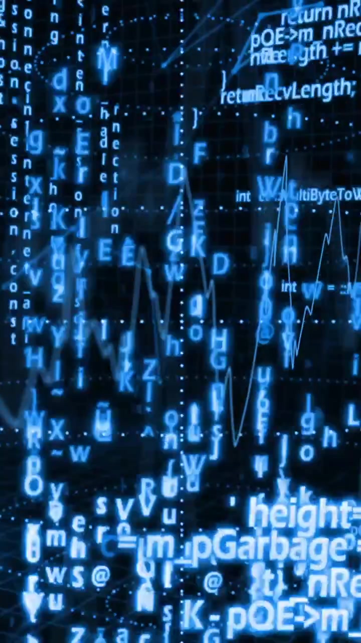 Animation of digital code and data streams forming patterns in blue tones