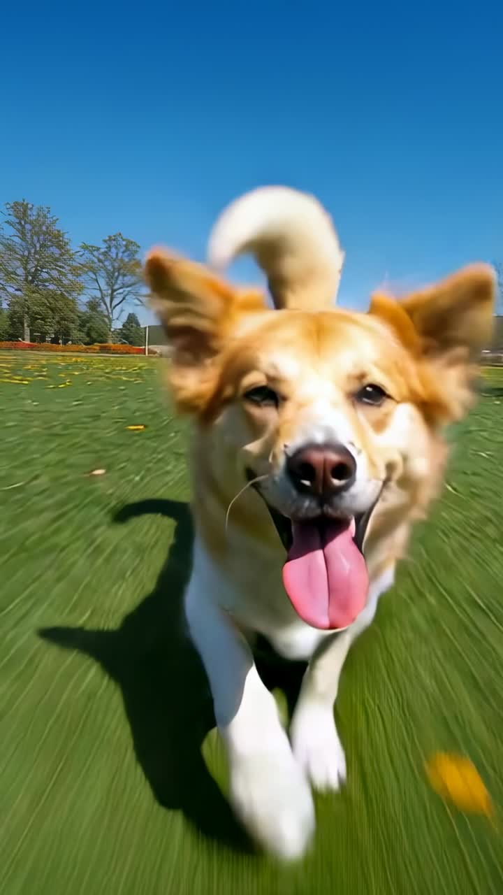 Vertical video: Spotting camera, golden-white dog sprinting across park lawn, with black harness