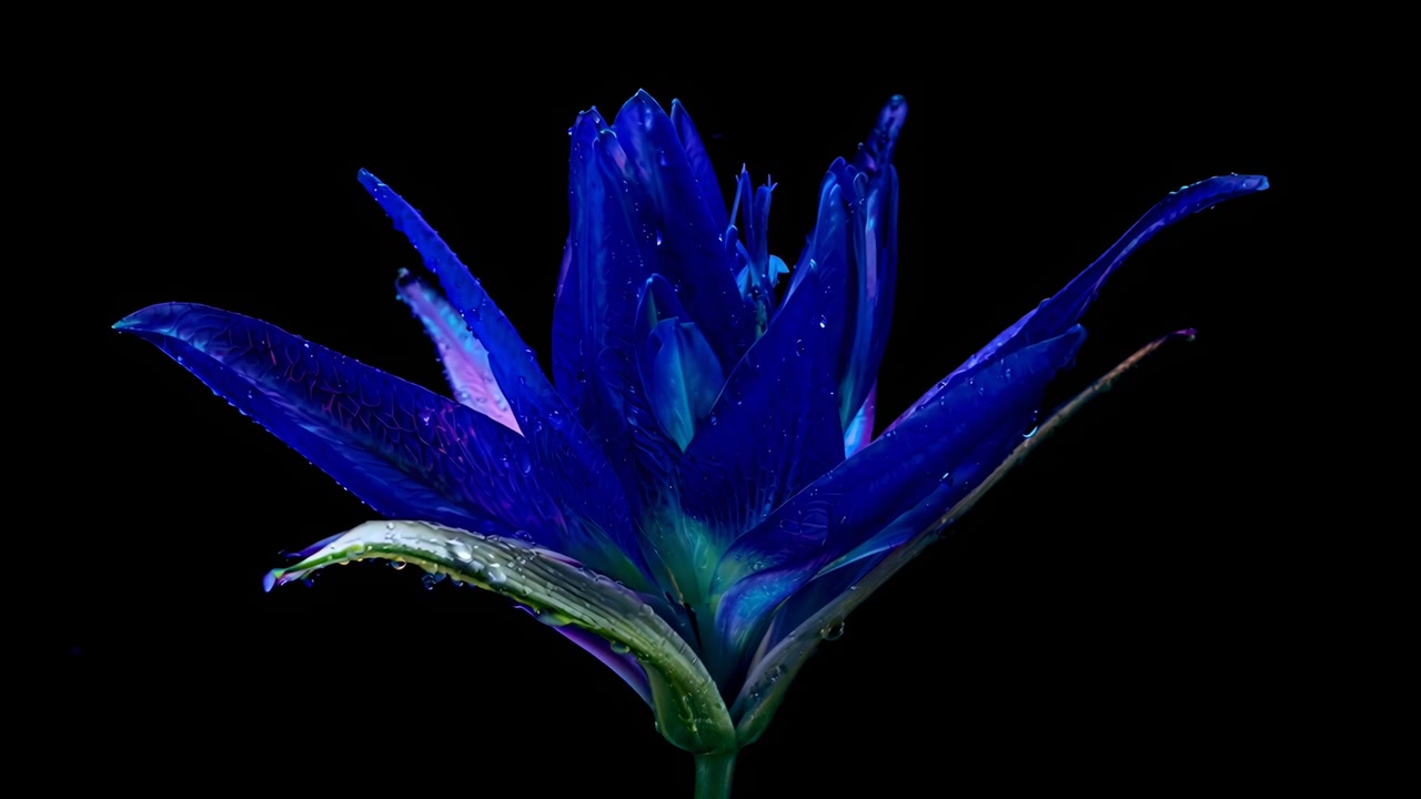 Close-up Time-lapse of a Blue Flower Blooming with Water Droplets
