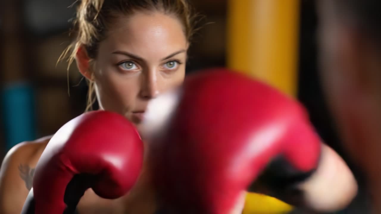 Un pugile determinato si concentra intensamente durante le sessioni di addestramento, dimostrando forza, determinazione e spirito di competizione in palestra