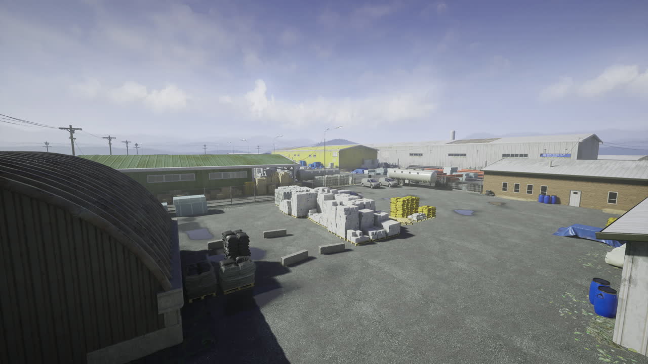 Industrial warehouse area with storage materials in sunny weather