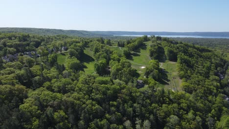 bay mountain overlooks sleeping bear bay, has ski slopes and is part of the homestead resort, aerial view