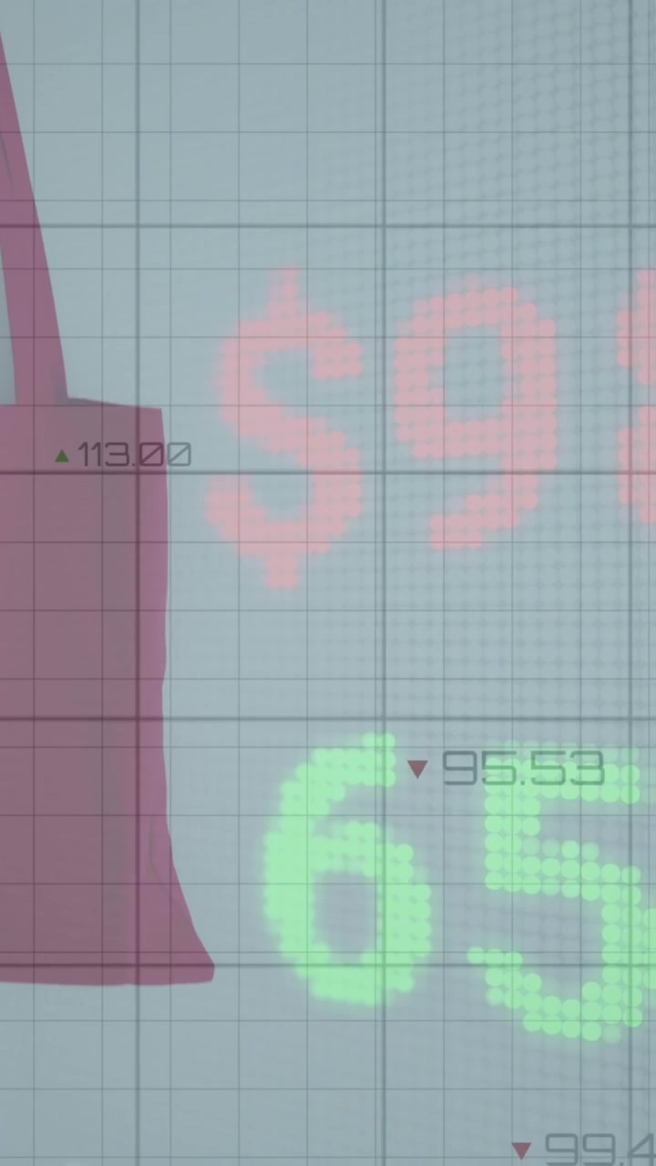 Animation of red lines, numbers changing and data processing over red shopping bag