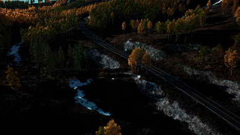 aerial view of snowy forest with a road