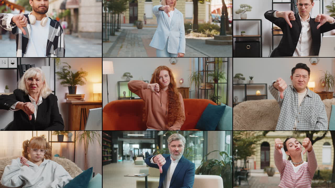 collage de molesto frustrado diversas personas da pulgares hacia abajo retroalimentación negativa desaprobación fracasar perder