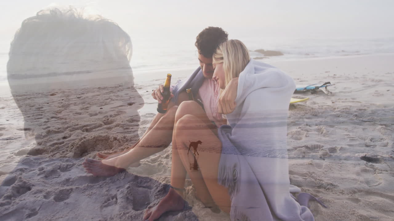 Man and woman sipping beer sitting on sandy beach near surfboards, with animated travel infographic