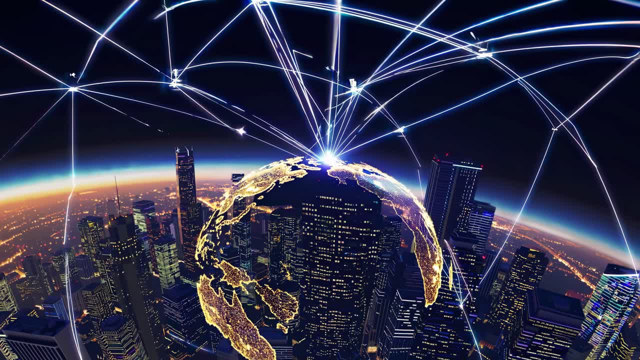 Aerial view of a city at night with digital lines connecting globally, showcasing a futuristic