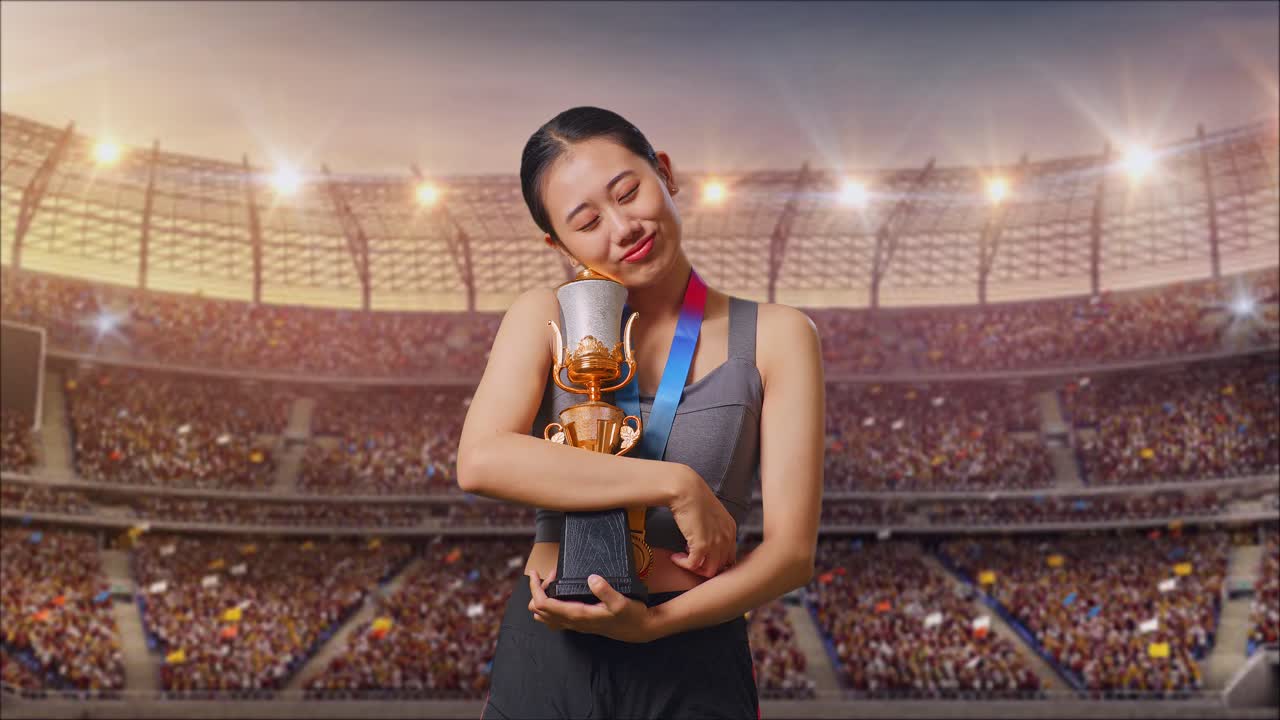 mujer celebrando la victoria con un trofeo