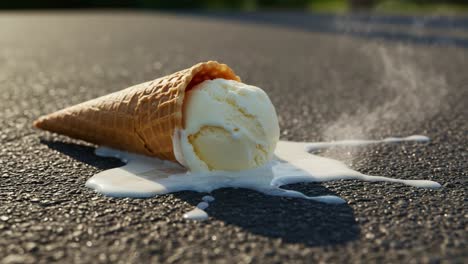 a melting ice cream cone spills on the ground, highlighting the casual delight and mess of a warm day with dripping creaminess