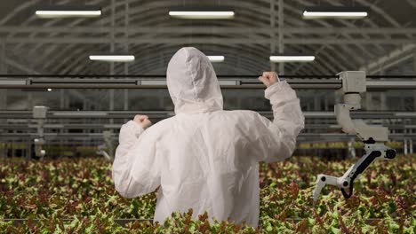 back view of a man researcher screaming goal celebrating while standing in the greenhouse with smart robotic farmers