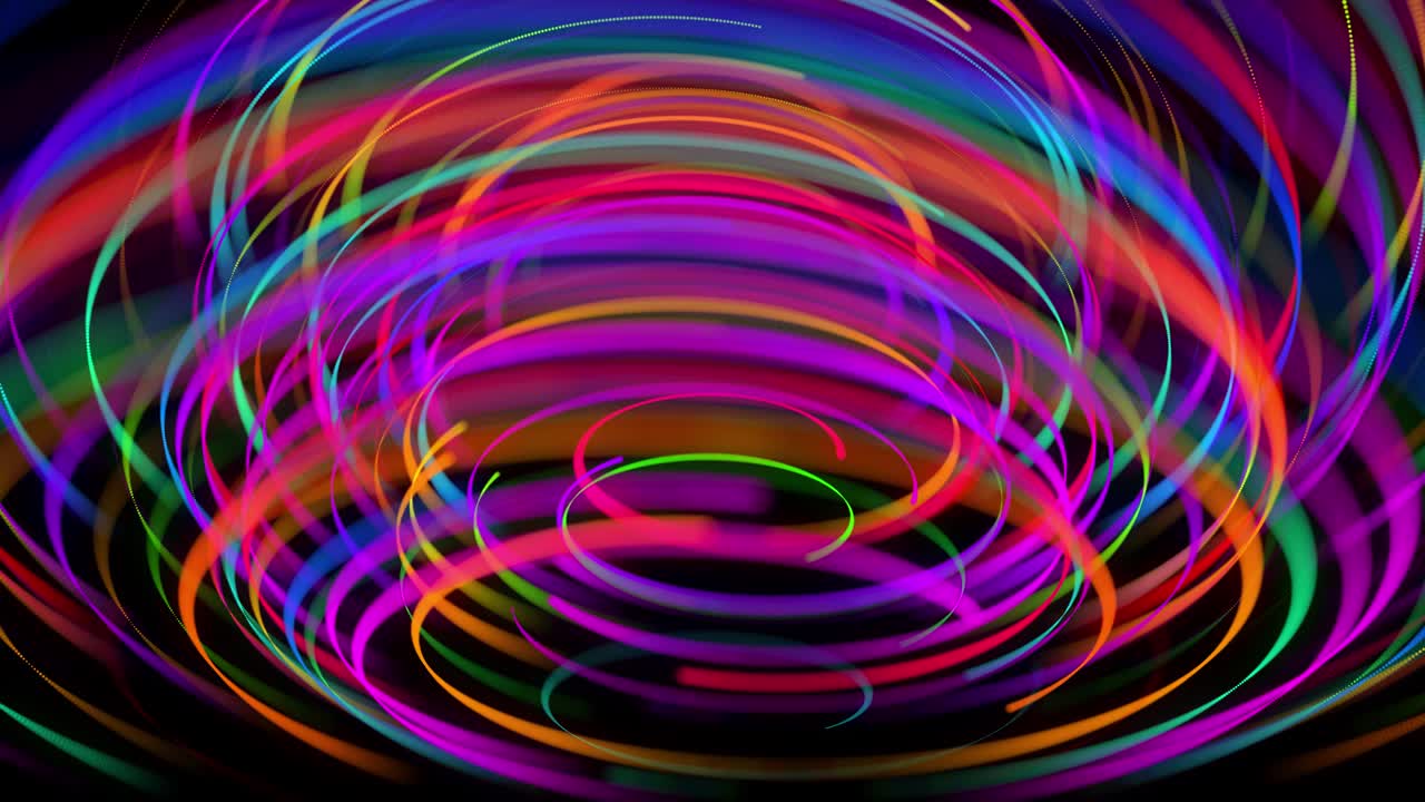 4k에서 세련된 창의적인 추상적인 배경: 회전하는 경로를 따라 회전하는 나선형으로 회전하는 색의 선; 모션 디자인: 선, 나선형 및 추상적인 구조를 형성하는 입자의 bg; 3d 렌더링