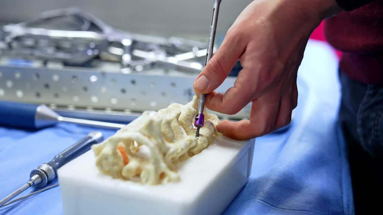 Male hand carefully uses metal tool screwing it into the spine dummy. Close up. Studying neurosurgery.