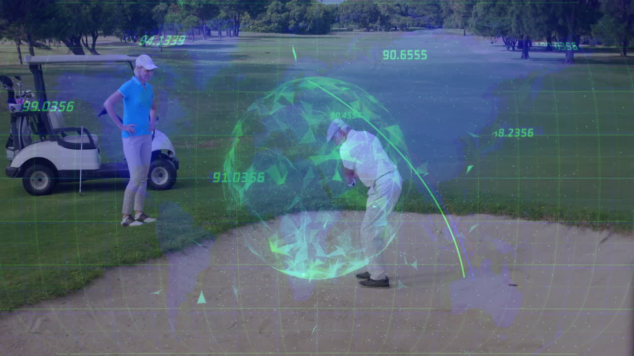 Senior golfer swinging club in bunker, showing technology overlay wireframe sphere and numeric grid