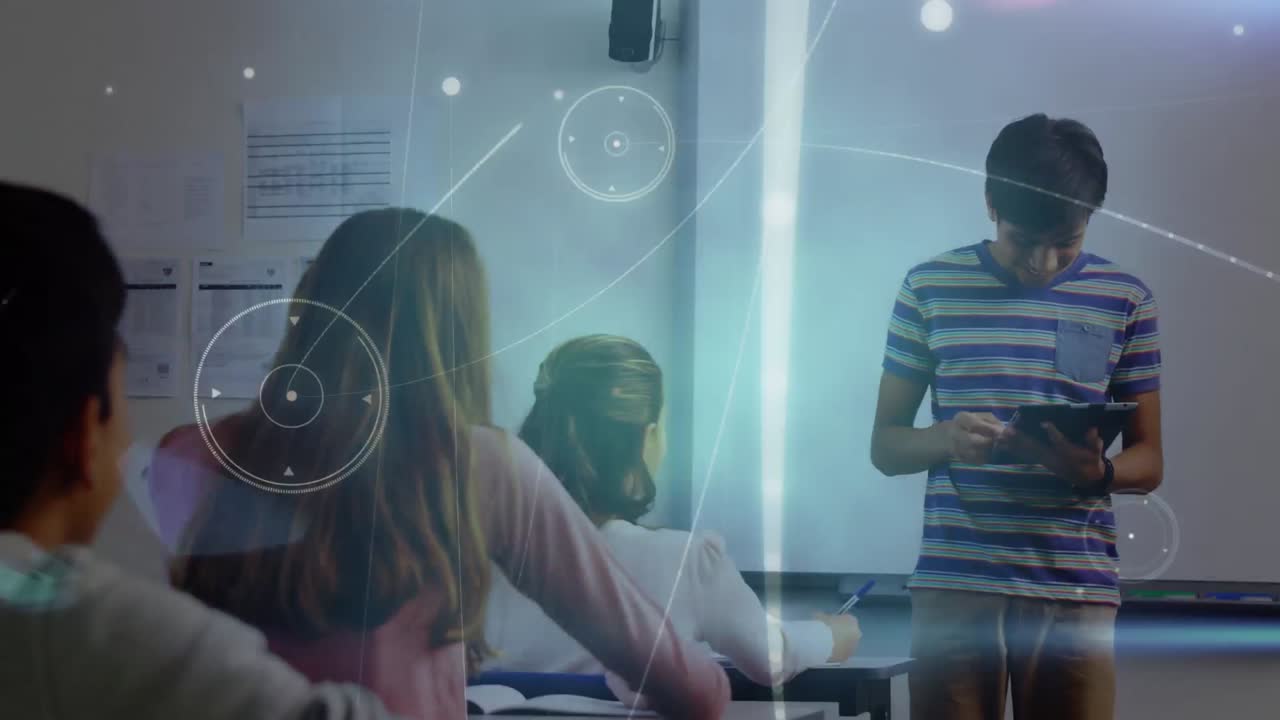Animation of network of connections over biracial boy making presentation at school
