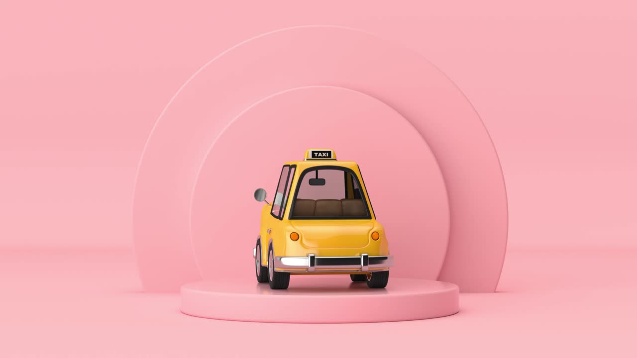 4k Resolution Video: Yellow Cartoon Taxi Car Rotating over Pink Cylinders Products Stage Pedestal on a pink background loop animation
