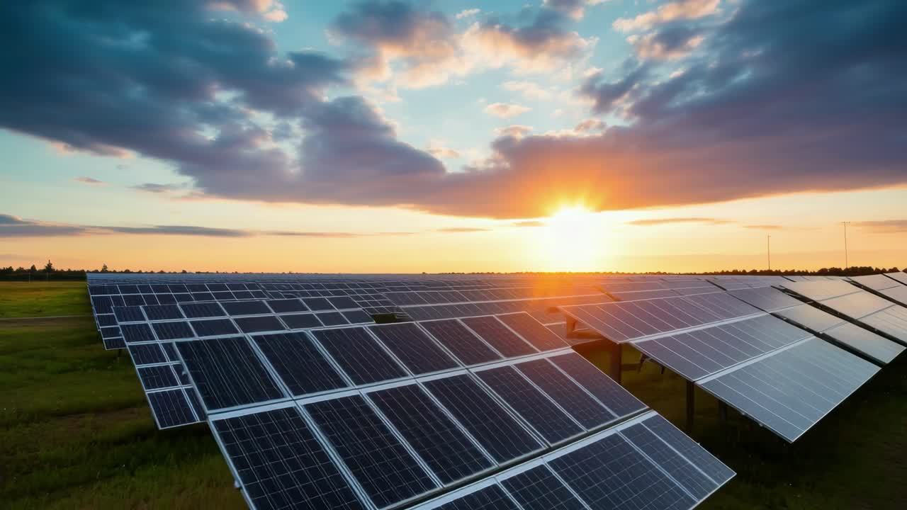Foto grandangolare di pannelli solari al tramonto, che cattura concetti di energia rinnovabile
