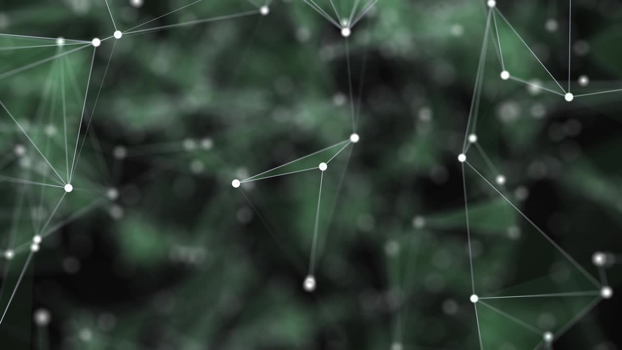 Abstract background, full of white dots, which are connected with slightly green lines, on black brurred black backdrop. Fume accumulation. Zooming composition. Shapes are moving slowly. 4K. Bokeh.