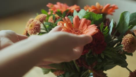 bouquet of orange flowers touched by female hands, slow motion