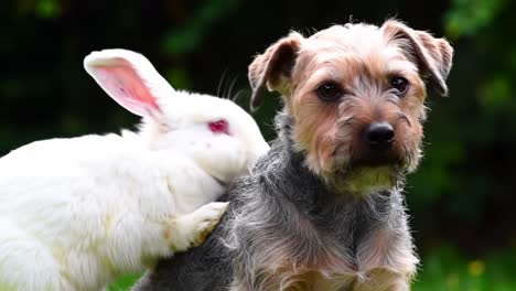 a playful rabbit approaches a small dog in a lush garden. the animals share a moment of curiosity and friendship. the sun shines brightly, creating a cheerful atmosphere.