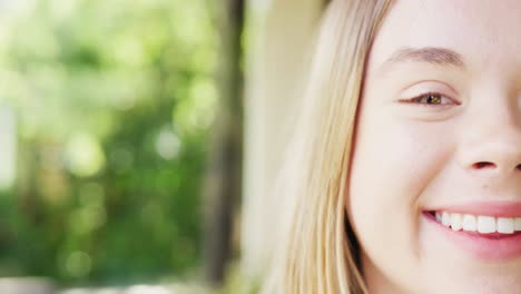 portrait of a happy caucasian teenager girl at home, slow motion