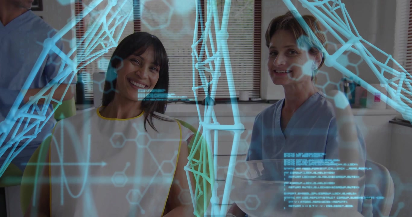 Two women smiling at transparent hologram of molecular code drifting in view while clinician joins