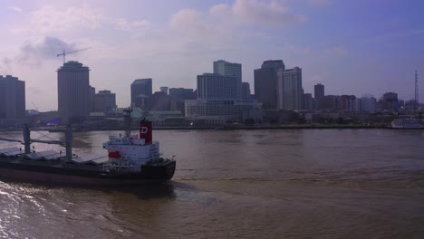 panning around a large tanker on the mississippi river in new orleans