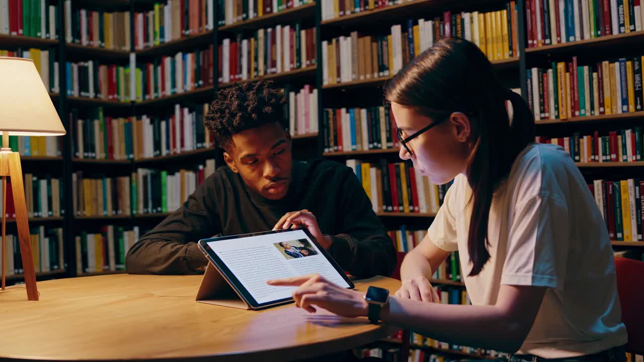 estudiantes que colaboran en una biblioteca