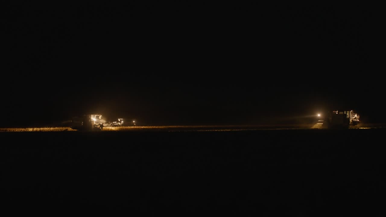 cosecha mecanizada masiva del campo de arroz por la noche