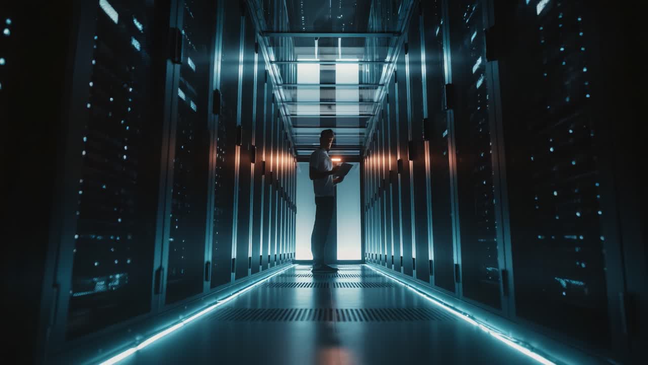 A technician working diligently inside a modern data center, surrounded by server racks, ensuring optimal functionality and security of digital infrastructure