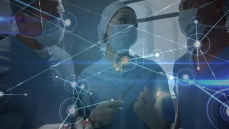 animation of network of connections and light trails over diverse doctors