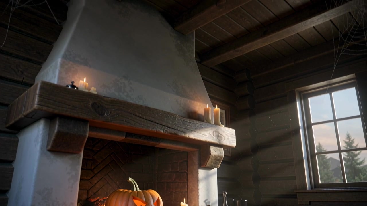 Starting camera panning, revealing rustic fireplace at cabin with jack-o'-lantern, candles, cobwebs